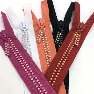 #5 #10 자동 잠금 라인스톤 금속 지퍼 오픈 엔드 레드